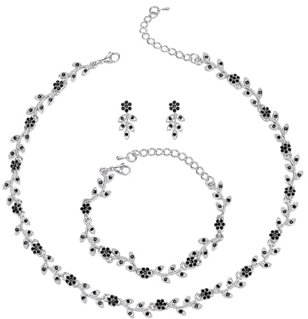 Clearine Wedding Jewellery Set for Women Bride, Gorgeous Stunning Crystal Flower Leaf Cluster Choker Necklace Link Bracelet Stud Earrings for Prom Cocktail Party Black Silver-Tone