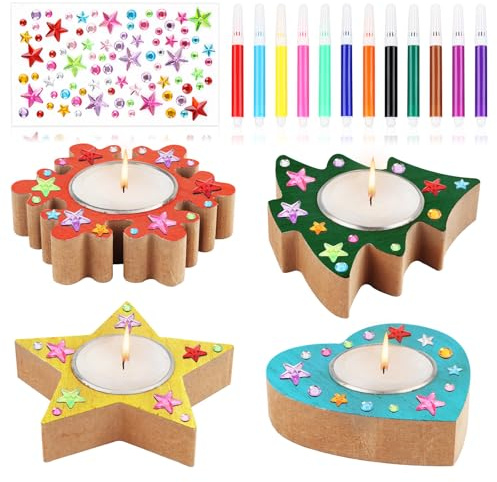Schneeflocke Teelichthalter Bastelset, 4 StückHolz Teelichthalter Mit Sternen Und Schneeflocken,Für Weihnachten, Kerzenständer Holz für Weihnachten Tischdeko