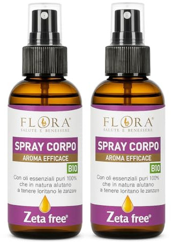 FLORA Spray Corpo, pack da 2 Pz da 100 ml, Zeta free BIO-COSMOS Per un’estate serena liberi dalle zanzare Azione protettiva e rinfrescante