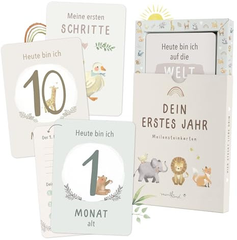 Mintkind Meilensteinkarte Baby beige Boho – 36 Monatskarten für Jungen & Mädchen – Geschenk zur Geburt & Babyparty – Erinnerungen festhalten – Meilensteine dokumentieren & besondere Momente genießen