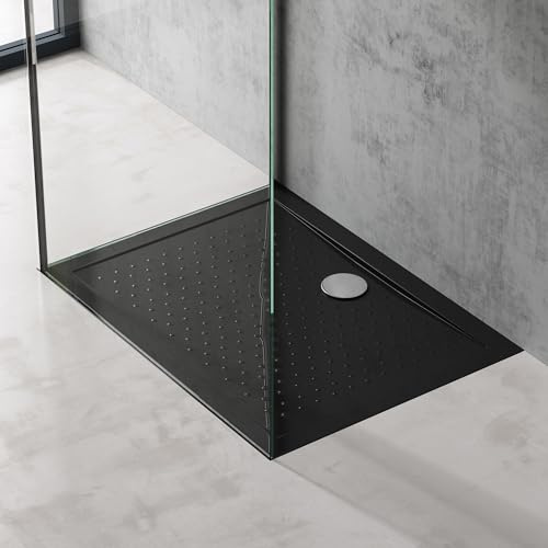 doporro Duschtasse Duschwanne 75x90x4 Ablaufgarnitur Schwarz aus Acryl | Duschwanne für bodenebene Montage mit DIN-Anschlüssen, Ablaufgarnitur AL01 & Anti-Rutsch-Profil – stabil & sicher Lucia02