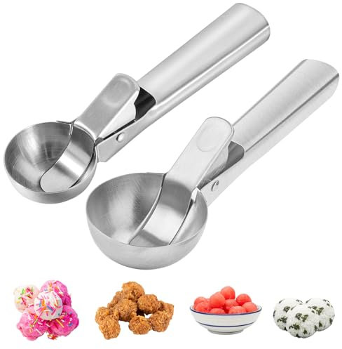 TAIHOBO Lot de 2 cuillères à crème glacée avec gâchette en acier inoxydable, 2 cuillères à crème glacée avec déclenchement facile, 2 tailles de cuillères à glace avec libération, pour boules de crème