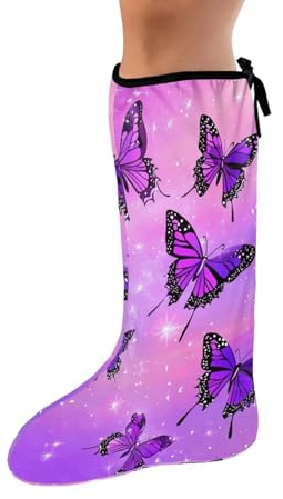 Gomyblomy Puple Butterfly Leg Cast Cover Decoraitve Foot Cast Sock Cover Decorative Cast Scratcher Sleeve Below The Knee Washable Leg Plaster Sleeve for Women-M