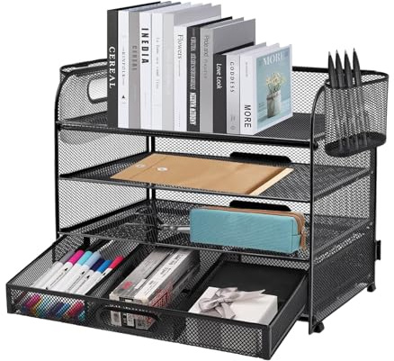 Mesh Letter Tray Organiser 4-Layer with 2 Pen Holders and 1 Drawer