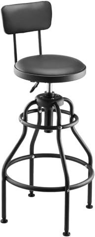 VEVOR Taburete de Taller con Respaldo Asiento de Garaje Carga de 136 kg Taburete de Trabajo Altura Ajustable 103-114 cm Giratorio de 360° para Garaje, Taller, Reparación de Automóviles, Negro
