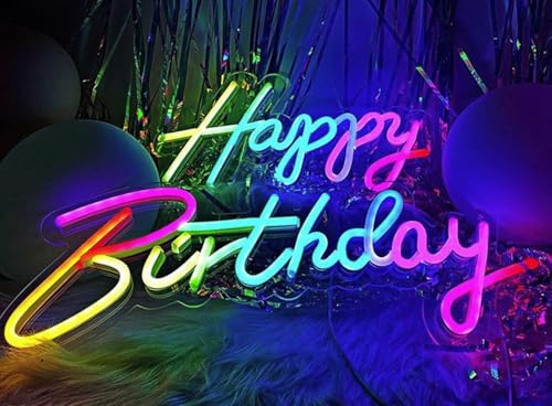 Happy Birthday Multi Color RGB Neon Sign Powered by USB Color Changing & Scrolling and Flashing Modes APP Remote Control for Home Decor Wedding Parties Gatherings