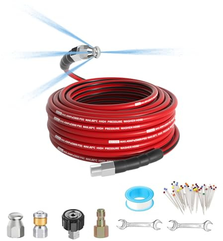 NaiNai 25FT Sewer Jetter Kit for Pressure Washer,1/4 Inch NPT Sewer Jetting Hose,Pressure Washer Drain Cleaner Hose 5800PSI with Sewer Jetter Nozzles, Gloves, Waterproof Tape (25FT)