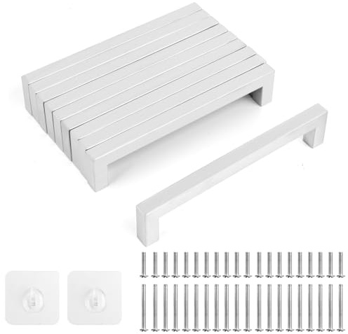 ROTKUSZ 10 Stück Möbelgriffe, Türgriffe Küche Silber mit Lochabstand 128mm, Schrankgriffe mit Schrauben und Installationswerkzeugen, Schrankgriffe Türgriffe, Küche Quadrat Griffe (10PCS-20 * 128mm)