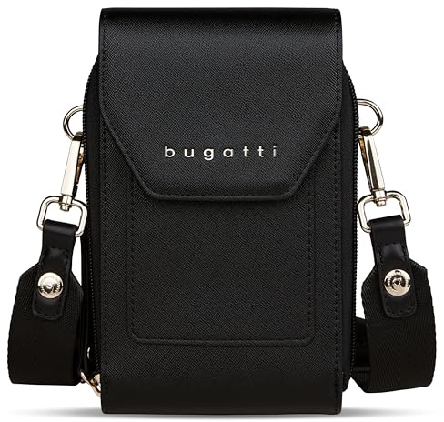 bugatti Ella Geldbörse zum Umhängen mit Smartphone-Fach, Portemonnaie in Saffiano-Art aus Kunstleder, schwarz