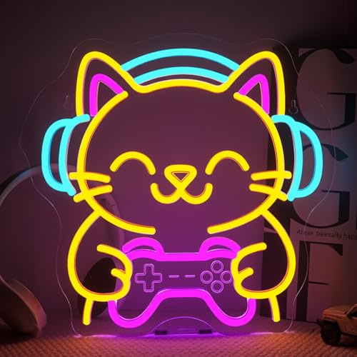 Looklight Señal de neón para gaming, con diseño de gato de neón, para decoración, letrero de neón, señal de luz LED para juegos, regulable con USB para sala de juegos, dormitorio, salón, bar, club