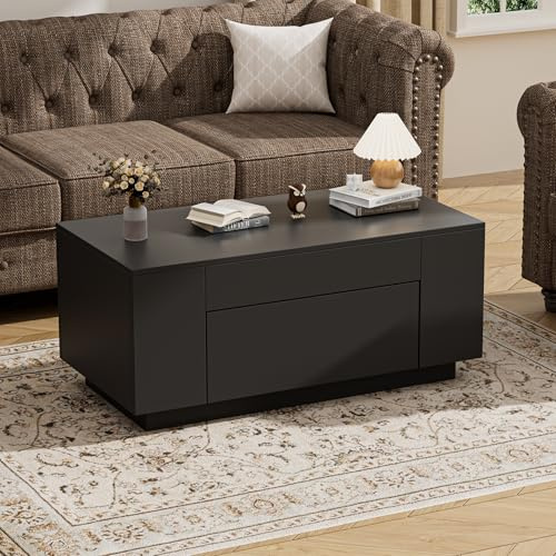 BonVache Tavolino da caffè, tavolino da salotto in legno con ripostiglio, tavolino con cassetti nascosti, tavolino da caffè, tavolo da divano per soggiorno, 90 x 50 x 42 cm, nero