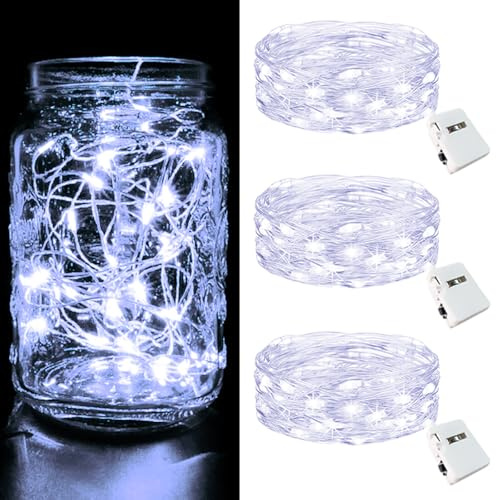 btfarm 3 Pack LED Fairy Lights Battery Operated, 2M 20LED Mini String Lights Battery 3 Modes, IP65 Waterproof Silver Wire Small Lights Indoor Outdoor for Jars, Bedroom, Wedding, Cool White