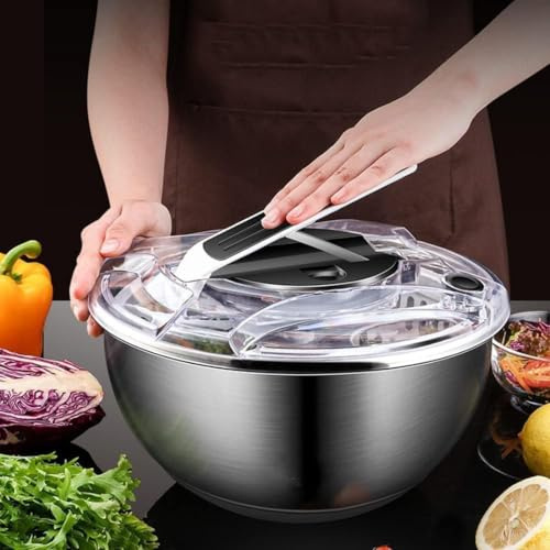 Escurridor de ensalada de 3,5 L de acero inoxidable grande, escuradora de ensalada de pistón con ensaladera, escurridor de ensalada de acero inoxidable, cesta de ensalada con tapa, para lavar y