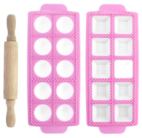 2 stampi per ravioli, stampo ravioli grandi, stampo per tortellini, stampi per ravioli italiani, con 10 griglie, quadrati rosa e rotondi quadrati, con 1 mattarello, per la produzione ravioli, gnocchi