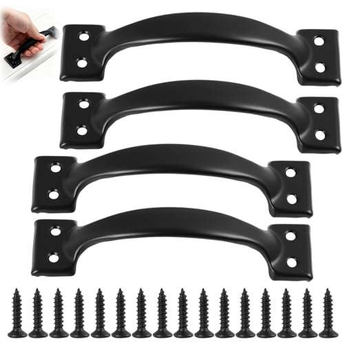 4 PCS Cast Iron Hot Bed Handle with Screws, D Handle Black Japanned Gate Handles for Garden Gates, Shed Doors, Indoor & Outdoor Use, 150mm Door Pull Handles for Cabinets, Wardrobe, and Drawers