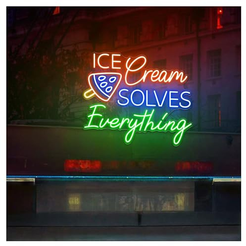 HUANTY d'Ambiance Apaisante Lampe Ice Cream Solves Everything Néon À Intensité Variable, Idéal pour La Décoration Murale d'un Magasin De Boissons, 40cmx45cm(C)