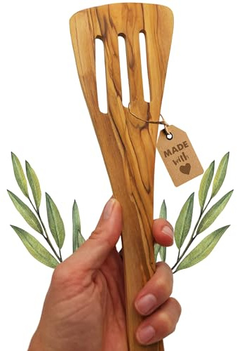 LUNEXUS Spatule en bois d'olivier fendue 34 cm – Spatule en bois d'olivier Bethléem avec fentes pour poêles enduites – Ustensile de cuisine fait main avec cordon en cuir pour suspendre dans la cuisine