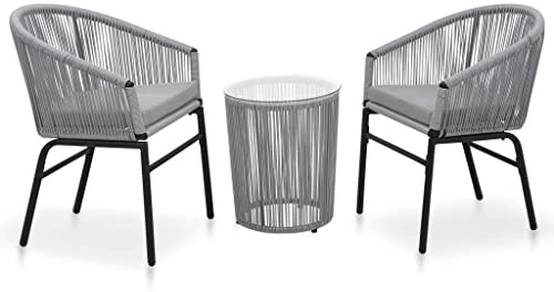 Ziaphsol 3-TLG. Bistro-Set PE-Rattan Grau mit Kissen, Gartentisch und 2 Stühlen, wetterfestes Outdoor Möbelset für Balkon, Terrasse und Garten