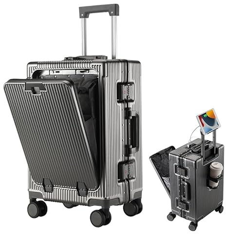 EIEAWEPLI Valise avec porte-gobelet, bagage léger pour voyage d'affaires, bagage extensible avec compartiment pour ordinateur, coque rigide avec roulettes, port USB, serrure TSA, gris, 22in, Bagage