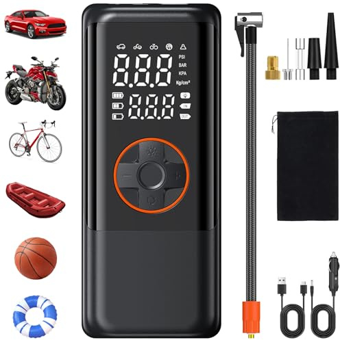 OHFAMO Compressore Gonfiaggio Pneumatici Portatile Doppia Alimentazione 150 PSI – Pompa Aria Senza Fili e 12V con Batteria 2000mAh×3, Display Digitale LCD e Arresto Automatico per Auto SUV Moto