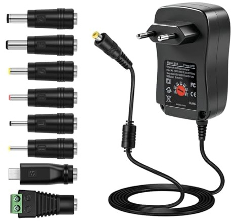 Carehabi Universal Netzteil 30W 3-12V Einstellbar, 12V Netzteil Ersatznetzteil für Kompatible Router LED Streifen, AC DC Adapter mit 8 Steckern Max 2.1A Center Positive