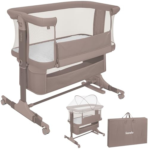 Lionelo Jodie 3-i-1 Babysäng & Sidosäng med Myggnät och Förvaringskorg – Co-Sleeper och Vagga för Nyfödda, 6-stegs Höjdjustering, Meshsidor, Hjul med Broms, Madrass, Transportväska, upp till 9 kg