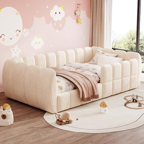 Kinderbett Bodenbett 90x200, Polsterbett Einzelbett mit Rausfallschutz&Lattenrost, Montessori Bett Bed Gitterbett Kinder Jugendbett Gepolstertes Bett Spielbett Bettgestell, Samt, Ohne Matratze, Beige