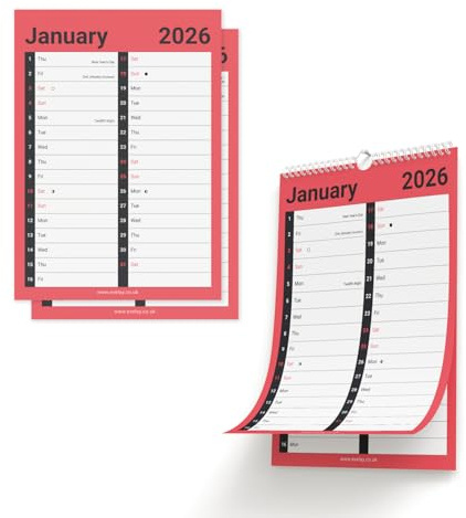 Evelay 2026 Calendar 2 Column Spiral Bound Wall Planner Month to View for Home Office Family with Holidays and Notable Dates