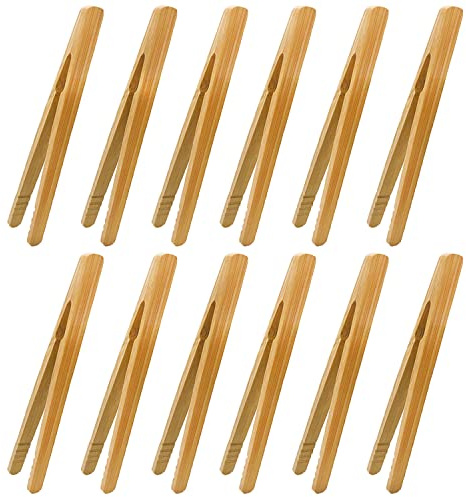12pcs Bamboo Tongs, 7 Inch Reusable Bamboo Toast Tongs for Toast Bread Pickles Fruits Tea