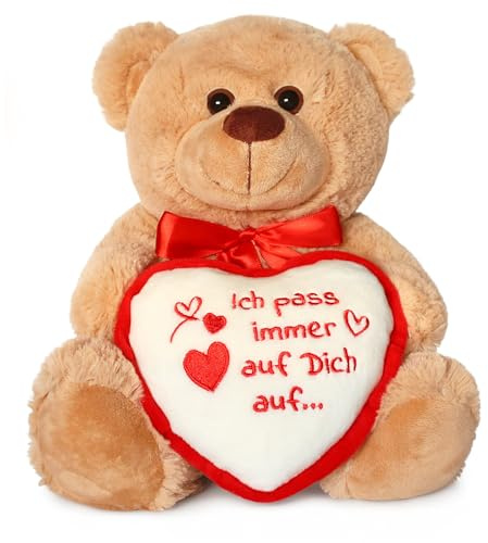 matches21 HOME & HOBBY Teddybär mit Herz ICH Pass AUF Dich AUF Plüschteddy braun 25 cm süßes Valentinstag Kuscheltier Liebe Geschenk