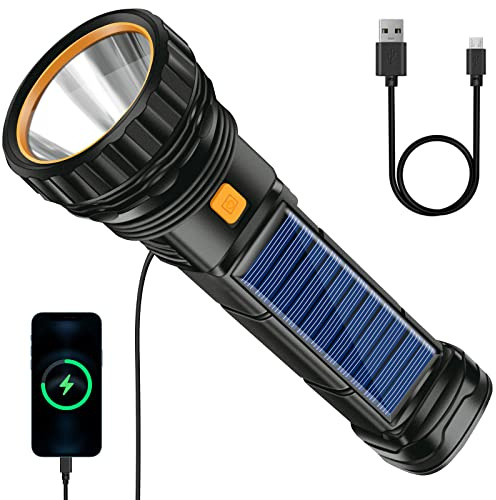 Qoolife Lampe de poche solaire à LED rechargeable à piles - Lampe de poche étanche avec banque d'alimentation d'urgence de 1200 mAh, poche solaire USB avec 3 modes d'éclairage, Lumière pour camping