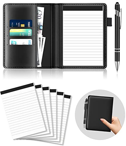 Mini Notizblock Halter Set A6 10 Stück, Kleiner Notizblock Halter Leder | Taschen Notizblock Klein mit 8 Ersatzblöcke Metallstift Multifunktionaler Notizblöcke Liniert Geschäft Notizblockhalter Set