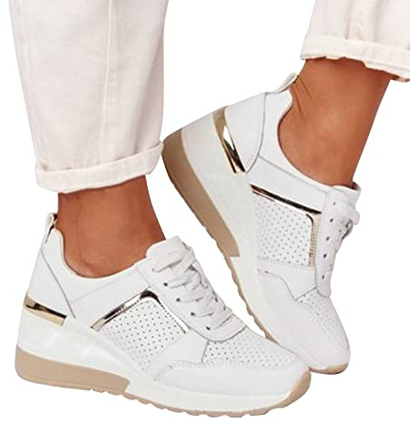 Weiße Sneaker Damen Leder Schwarze Turnschuhe Damen Versteckte Keilabsatz Laufen Schuhe Frauen Sportschuhe Schwarz Weiße Sohle Slip-On Schuhe Fußballschuhe für Schule Walking Fitness Gym Sport