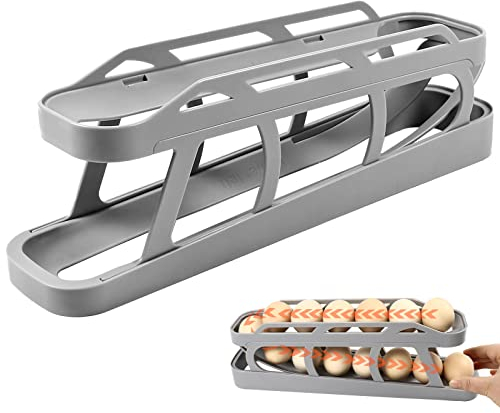 Almacenamiento de huevos para el frigorífico, soporte para huevos de doble fila con función de rodillo automático, para 12-24 huevos, (Gris, Anchura1)