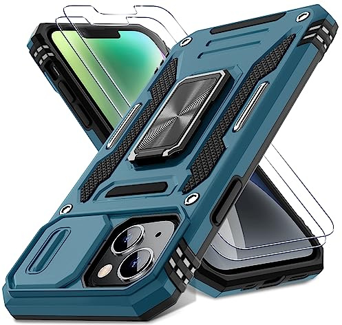 DEERLAMN Case for iPhone 13/iPhone 14 6.1-Inch with Slide Camera Cover+Screen Protector(2 Packs),Rotated Ring Kickstand Military Grade Shockproof Protective Cover-Light Blue