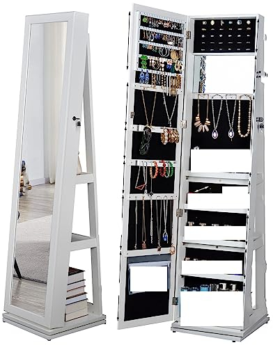 CASEGO Schmuckaufbewahrung, Ganzkörperspiegel, multifunktional, mit Rollen, kann um 360 Grad gedreht werden, geeignet für Schlafzimmer, Wohnzimmer, Garderobe usw. (Weiß B)