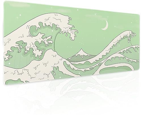 Matcha Green White Japanese Anime Gaming Mouse Pad XL Cute Kawaii Sage Aesthetic Wave Extended Large Desk Mat Non-Slip Rubber Base Stitched Edge Keyboard Mousepad for PC Office Laptop,31.5×11.8 in