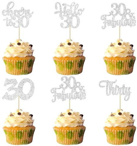 30 adornos para cupcakes de feliz 30 cumpleaños, purpurina plateada, treinta saludos a 30 cumpleaños, púas para cupcakes para feliz 30 cumpleaños, aniversario, fiesta, suministros de decoración de