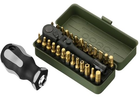 KESI Werkzeug Torx Bit Set 29-teilig, 2 in 1 Bits Ratsche, Flex-Verriegelungskopf-Design mit 26-teiligen 1/4 Zoll Patent-Bits, magnetischem Bithalter, Kurzer Griff und kompaktem Lack-Metallgehäuse,