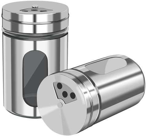 2 PCS Stainless Steel Salt and Pepper Shakers with Adjustable Pour Holes – Elegant Glass and Metal Spice Shakers for Coarse, Kosher, Sugar, Cinnamon, and Spices