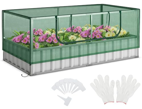 COSTWAY Cama de Jardín Elevada Galvanizada con Invernadero 174 x 90 x 71cm, Kit de Jardinera Elevada con Puerta Enrollable, 8 Etiquetas en T y un Par de Guantes