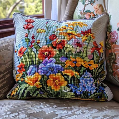 kitphoenix Latch Hook Cushion Kit Blumenmeer Toolkit Zum Selber Knüpfen Kissens 43Cmx43Cm