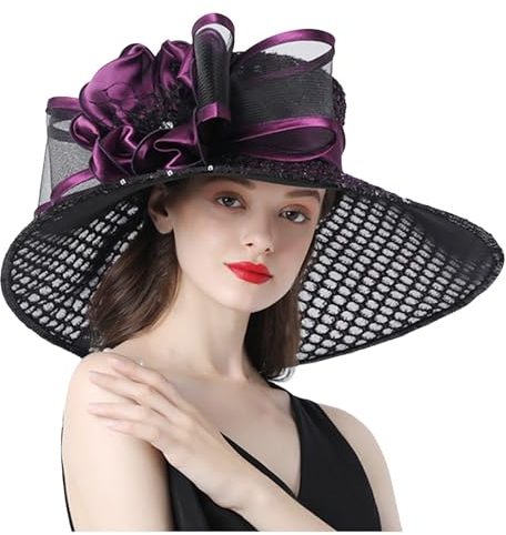 SRZYMJ Frauen Blume Dekor Bowler Hut mit Schleier Floppy Krempe Filz Kirche Party Cap Vintage 1920er Jahre Eleganter Fascinator Hut Klein Lila