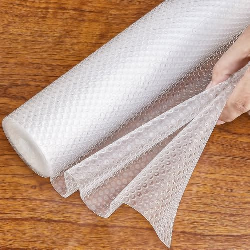 Hersvin Kitchen Drawer Liners 44.5cmx600cm Upgraded Pure EVA Cupboard Liners Cabinet Shelf Mats Non Slip Non-Adhesive Oil-Proof Waterproof Plastic Protector Fridge Shelves Lining (Clear Dot)