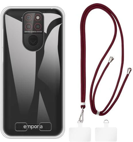 Hülle und Lanyard für Emporia Smart E5 Mini - Klar+Schwarz | 4.59 Set inklusive Schutzhülle und abnehmbarem Nackengurt mit Metallverschlüssen und 2 Aufnähern