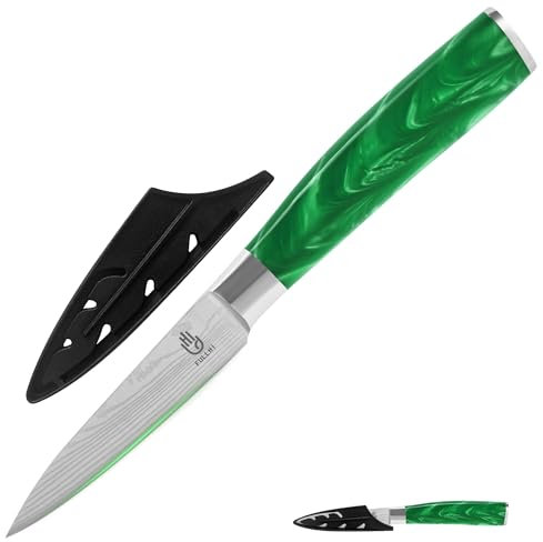 FULLHI Coltelli spelucchini, colore 3,5 pollici coltello giapponese con guardia, coltello da frutta in acciaio inox coltello da cucina con guaina (Resina verde)