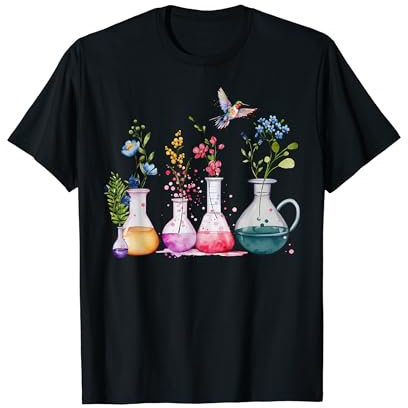 Floral Beakers Laboratory Hummingbird Chemistry Science T-Shirt