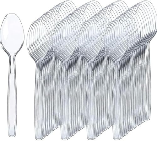 Pack of 100-Heavy Duty Clear Reusable Spoons Cutlery Tablespoon- Perfect for Parties and Basic Everyday use