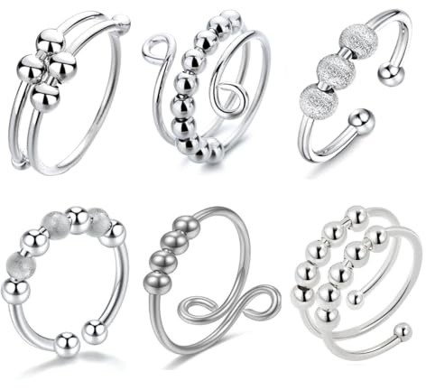 DEXYZZY Justerbar fidgetring, ångest spinner ringar med pärlor, olika stilar, stressring för kvinnor och män, 6 st