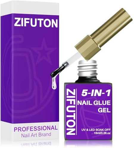 ZIFUTON 5 In 1 Colla Per Unghie Finte Extra Forte, Colla Gel Unghie Per Tip UV, Semipermanente, Nail Glue per Tip UV/LED en Gel Resina 15 ml